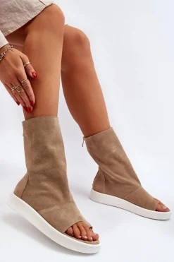 Zazoo Sandały Płaskie*3441 Sandały Damskie Zamszowe Z Cholewka Ciemnobeżowe