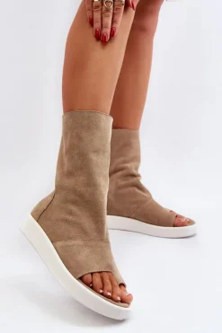 Zazoo Sandały Płaskie*3441 Sandały Damskie Zamszowe Z Cholewka Ciemnobeżowe