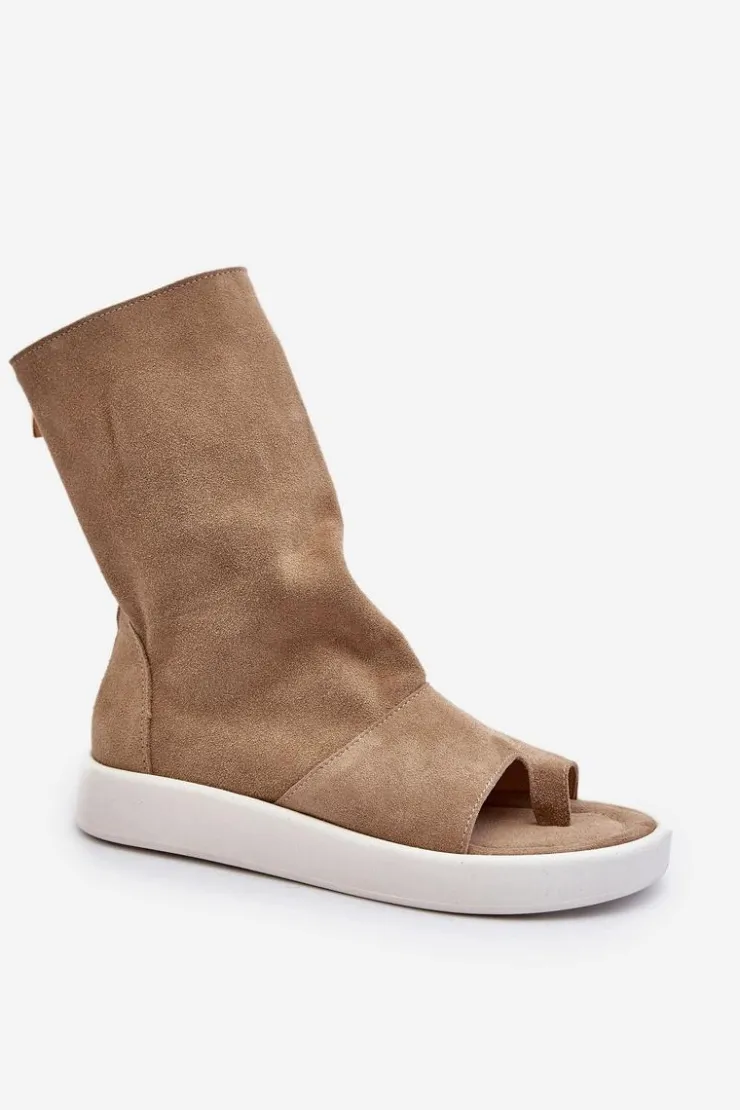 Zazoo Sandały Płaskie*3441 Sandały Damskie Zamszowe Z Cholewka Ciemnobeżowe