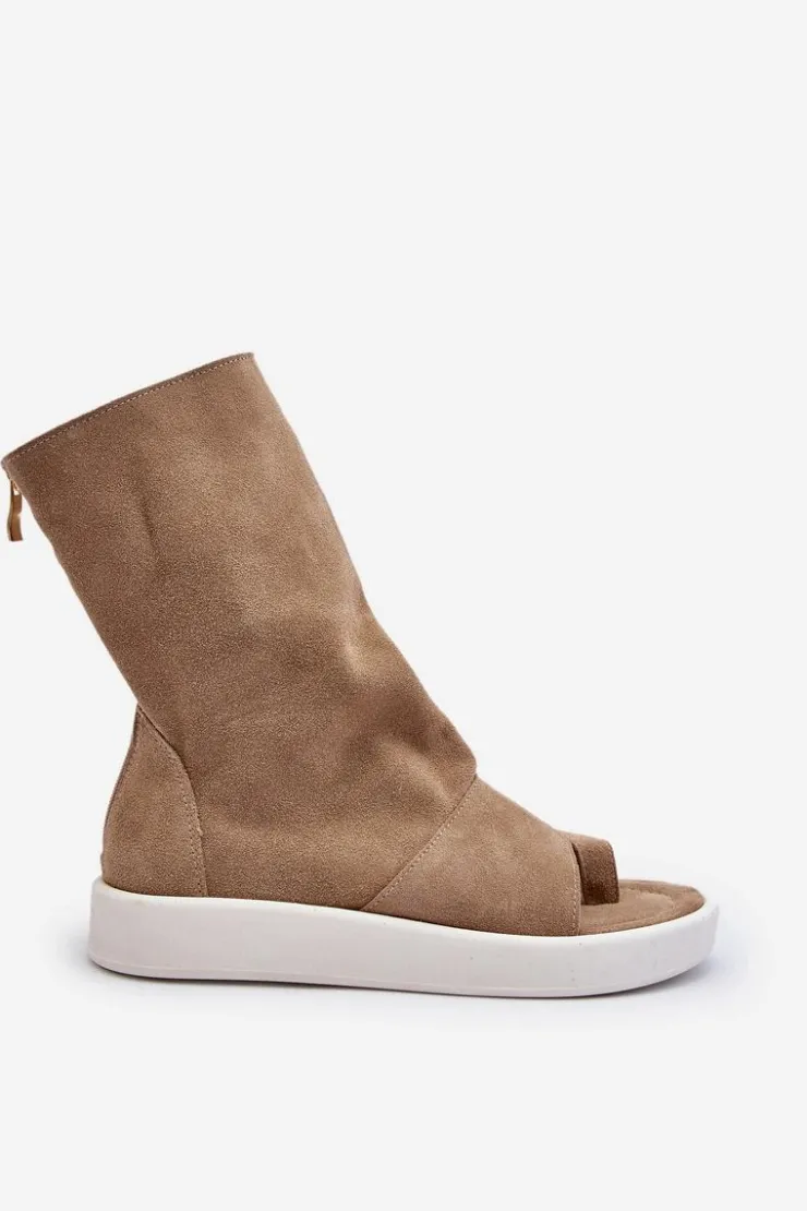 Zazoo Sandały Płaskie*3441 Sandały Damskie Zamszowe Z Cholewka Ciemnobeżowe