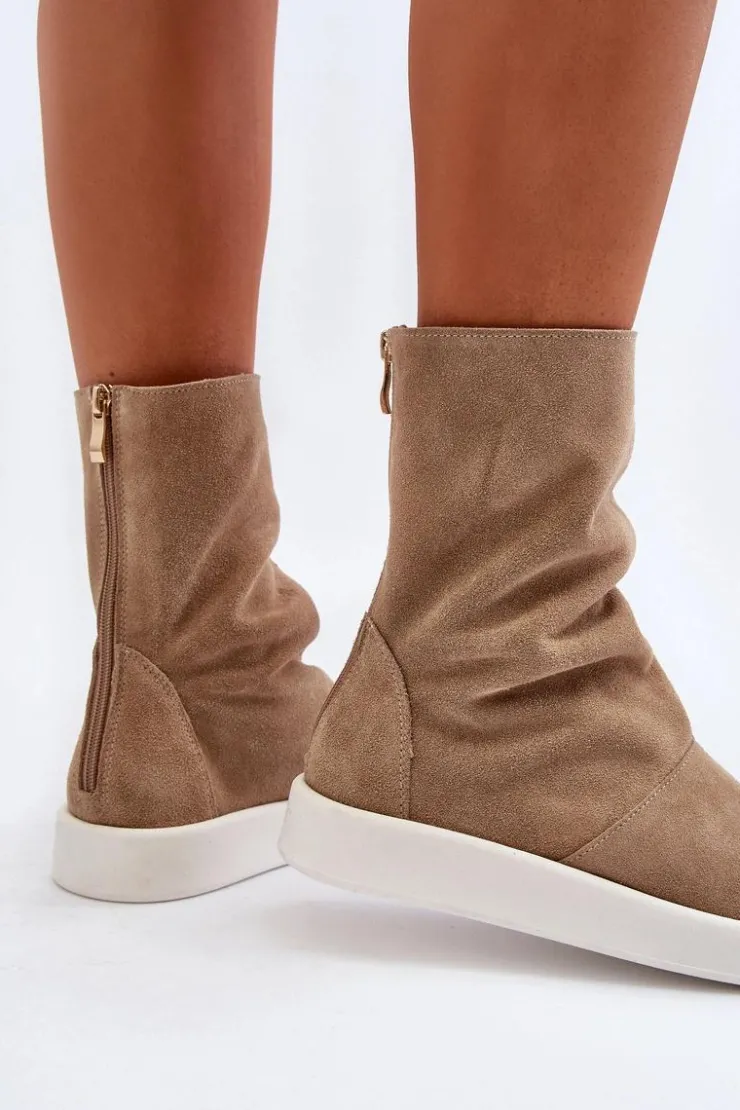 Zazoo Sandały Płaskie*3441 Sandały Damskie Zamszowe Z Cholewka Ciemnobeżowe