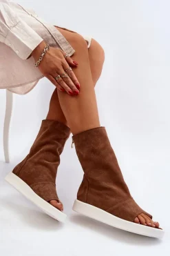 Damskie Zazoo 3441 Sandały Damskie Zamszowe Z Cholewka Brązowe