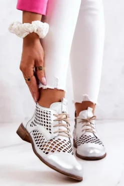 Damskie Zazoo 2704 Skórzane Ażurowe Botki Biało-Srebrne