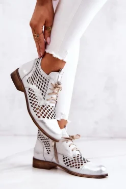 Damskie Zazoo 2704 Skórzane Ażurowe Botki Biało-Srebrne