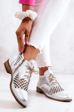 Damskie Zazoo 2704 Skórzane Ażurowe Botki Biało-Srebrne