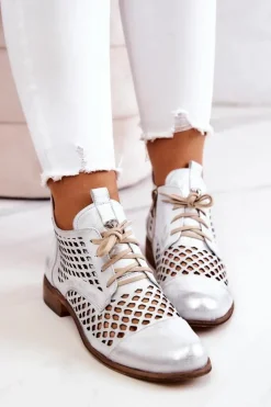 Damskie Zazoo 2704 Skórzane Ażurowe Botki Biało-Srebrne