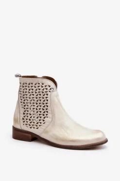 Damskie Zazoo 2791 Skórzane Ażurowe Botki Złote
