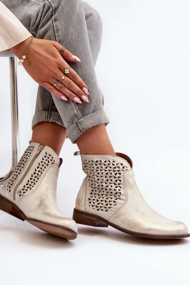 Damskie Zazoo 2791 Skórzane Ażurowe Botki Złote