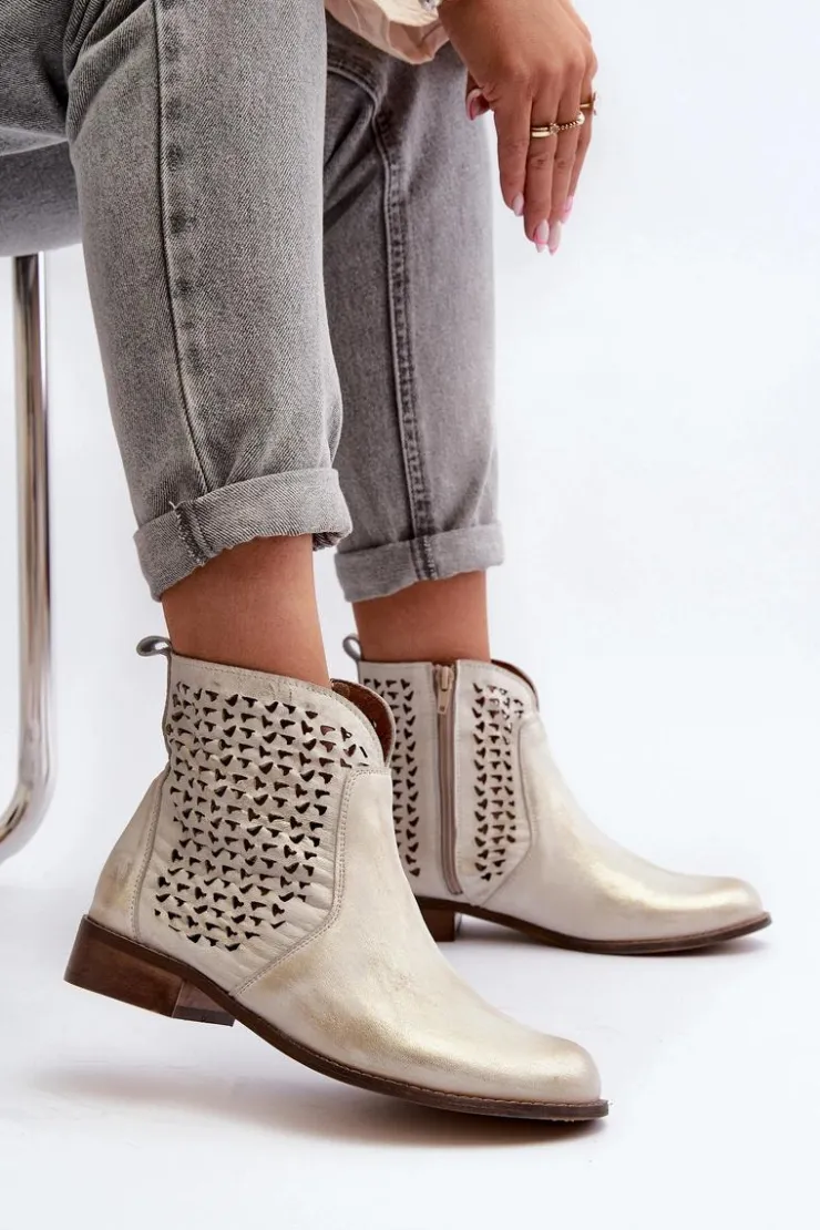 Damskie Zazoo 2791 Skórzane Ażurowe Botki Złote