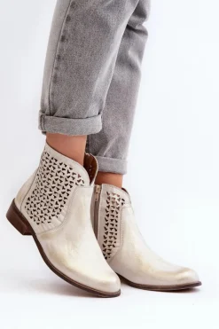 Damskie Zazoo 2791 Skórzane Ażurowe Botki Złote