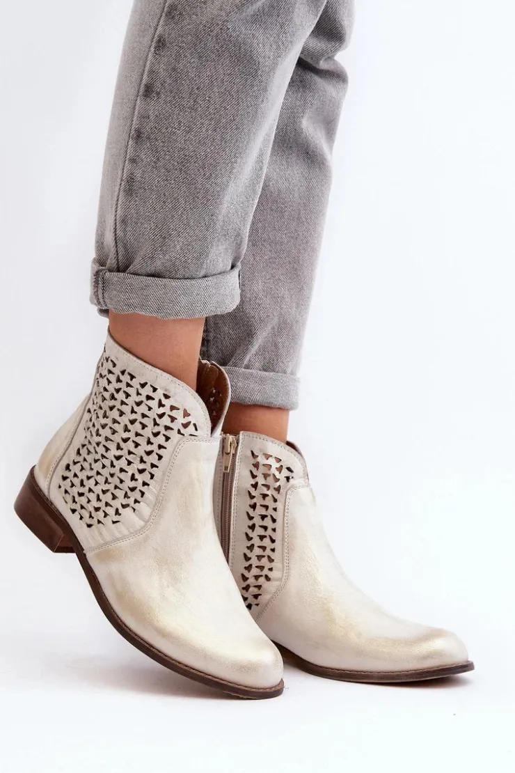 Damskie Zazoo 2791 Skórzane Ażurowe Botki Złote