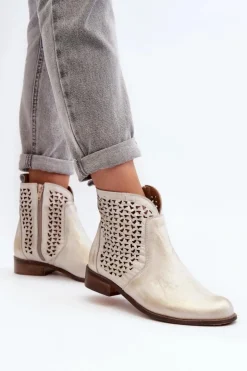 Damskie Zazoo 2791 Skórzane Ażurowe Botki Złote