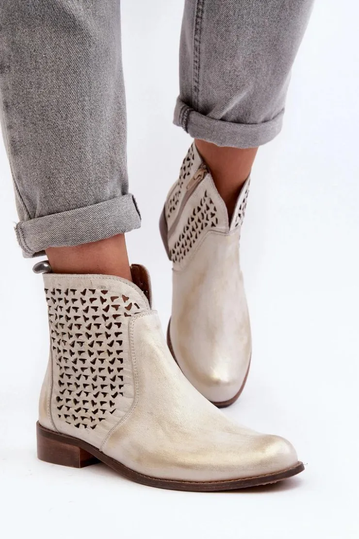 Damskie Zazoo 2791 Skórzane Ażurowe Botki Złote