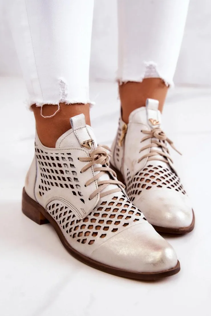 Hot Zazoo 2704 Skórzane Ażurowe Botki Biało-Złote