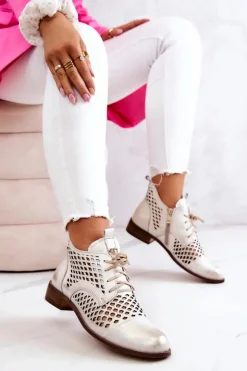 Hot Zazoo 2704 Skórzane Ażurowe Botki Biało-Złote