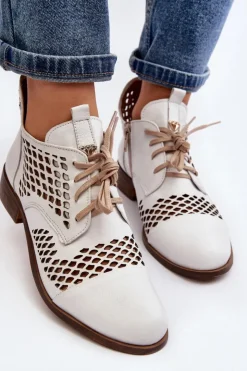 Zazoo 2704 Skórzane Ażurowe Botki Białe Biały