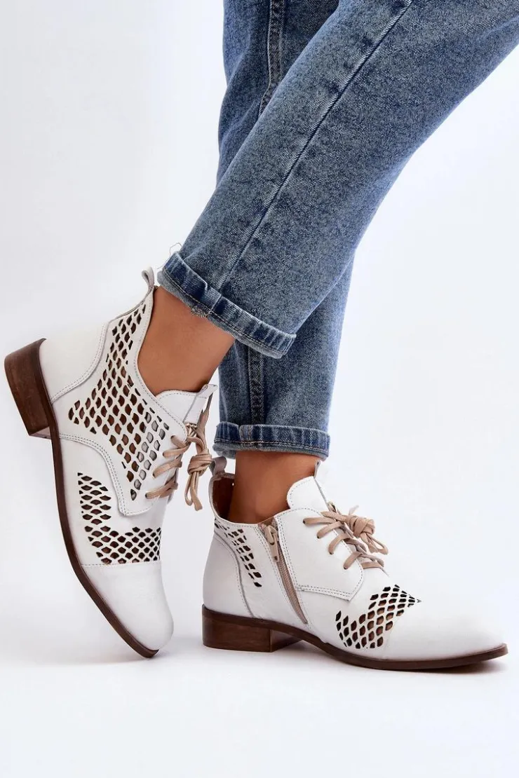 Zazoo 2704 Skórzane Ażurowe Botki Białe Biały