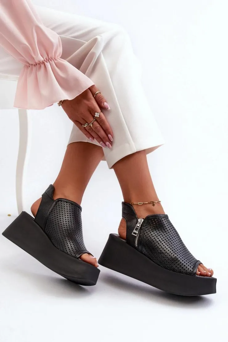 Zazoo Sandały Ażurowe|Sandały Na Obcasie*1792 Skórzane Ażurowe Sandały Na Koturnie Czarne