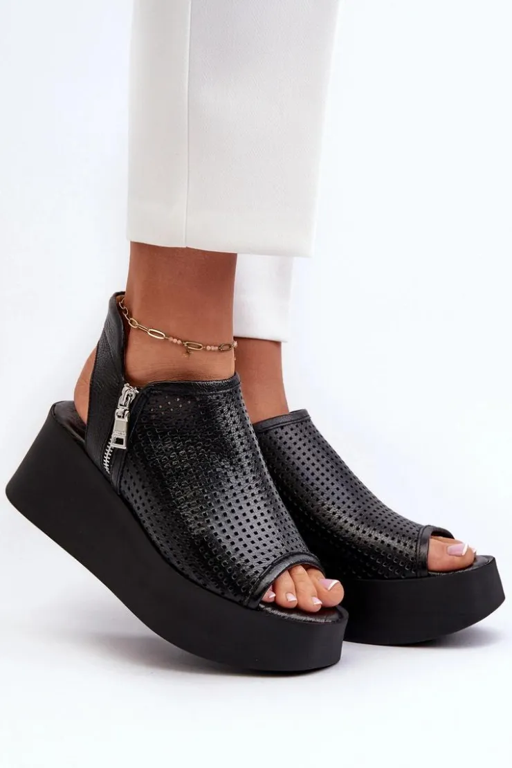 Zazoo Sandały Ażurowe|Sandały Na Obcasie*1792 Skórzane Ażurowe Sandały Na Koturnie Czarne