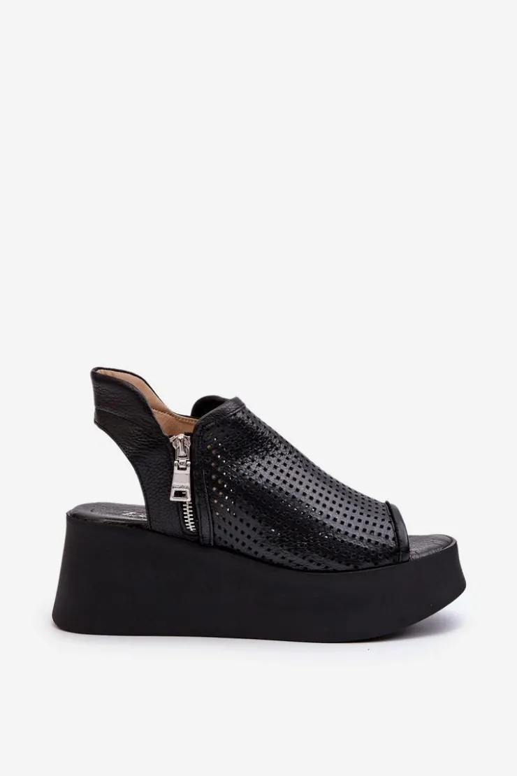 Zazoo Sandały Ażurowe|Sandały Na Obcasie*1792 Skórzane Ażurowe Sandały Na Koturnie Czarne