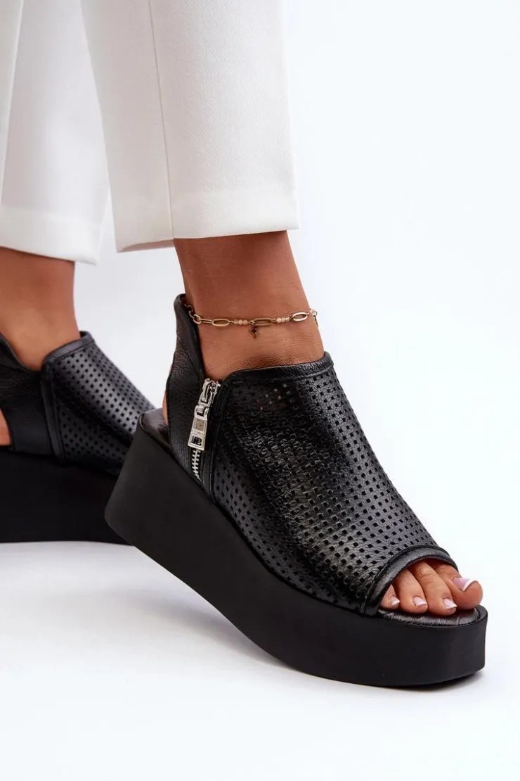 Zazoo Sandały Ażurowe|Sandały Na Obcasie*1792 Skórzane Ażurowe Sandały Na Koturnie Czarne