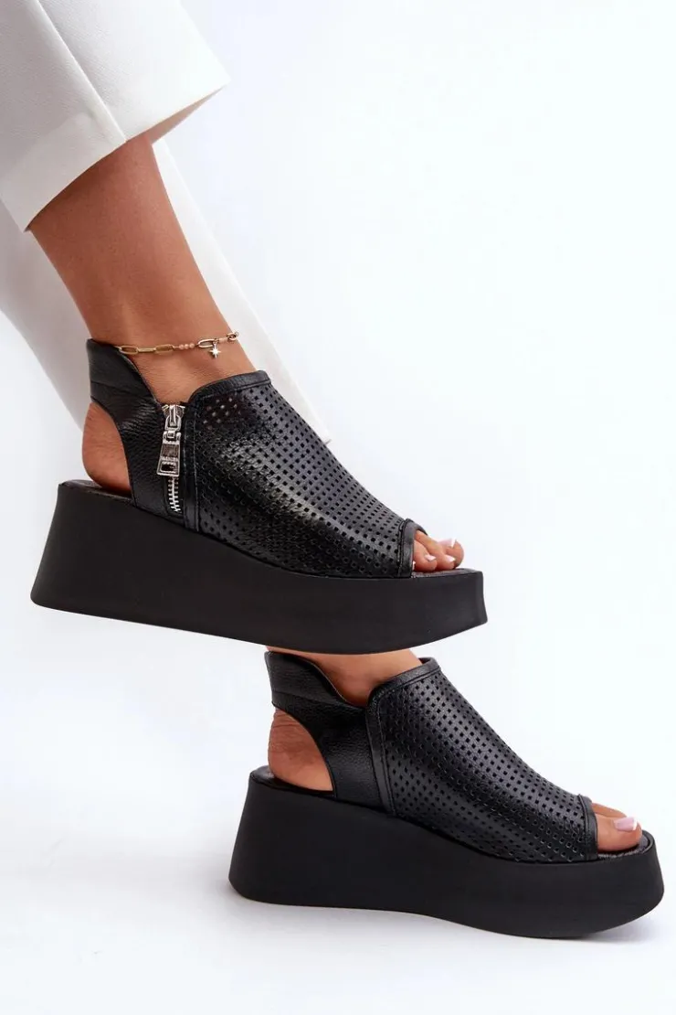 Zazoo Sandały Ażurowe|Sandały Na Obcasie*1792 Skórzane Ażurowe Sandały Na Koturnie Czarne