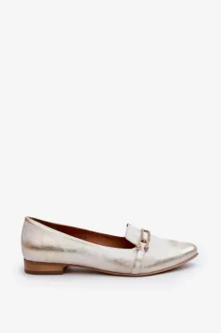 Damskie Zazoo 2885 Skórzane Baleriny Z Ozdobą Złoto-Białe