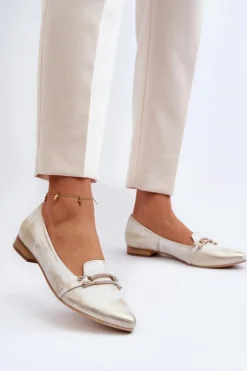 Damskie Zazoo 2885 Skórzane Baleriny Z Ozdobą Złoto-Białe