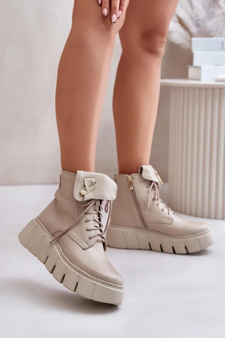Online Zazoo 60511 Skórzane Botki Damskie Na Platformie Ocieplane Beżowe Beżowy