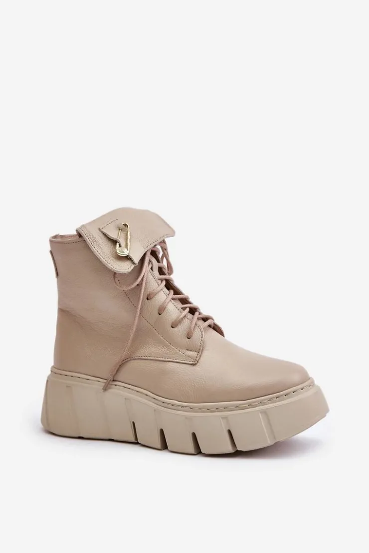 Online Zazoo 60511 Skórzane Botki Damskie Na Platformie Ocieplane Beżowe Beżowy