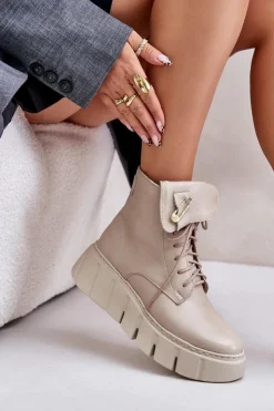 Online Zazoo 60511 Skórzane Botki Damskie Na Platformie Ocieplane Beżowe Beżowy