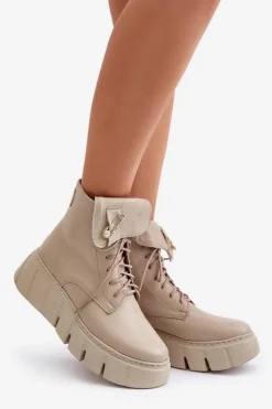 Online Zazoo 60511 Skórzane Botki Damskie Na Platformie Ocieplane Beżowe Beżowy