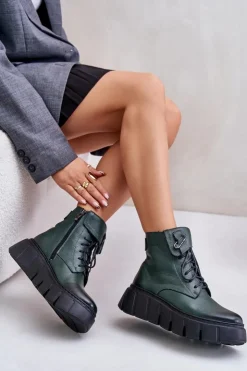 Damskie Zazoo 60511 Skórzane Botki Damskie Na Platformie Ocieplane Ciemnozielone