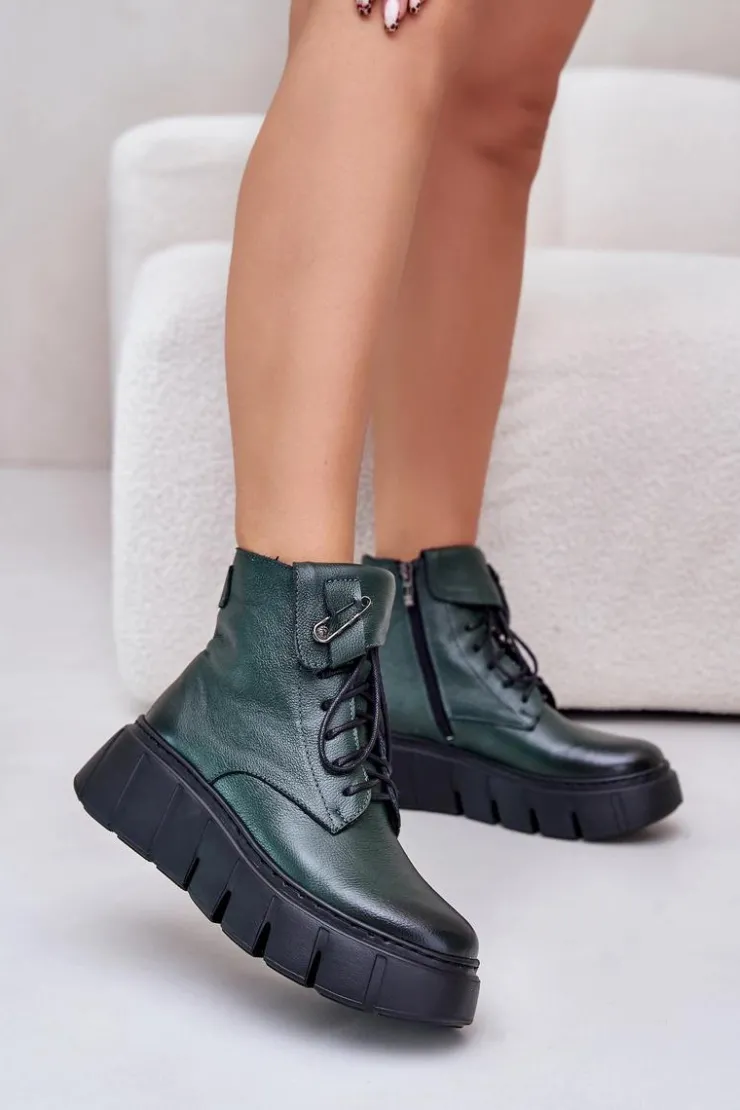 Damskie Zazoo 60511 Skórzane Botki Damskie Na Platformie Ocieplane Ciemnozielone