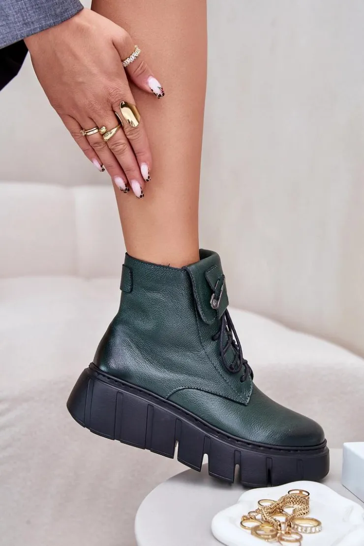 Damskie Zazoo 60511 Skórzane Botki Damskie Na Platformie Ocieplane Ciemnozielone