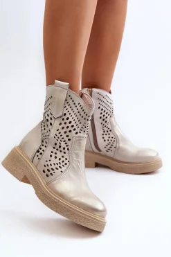 Damskie Zazoo 3470 Skórzane Botki Damskie Na Płaskim Obcasie Ażurowe Złote Przecierane