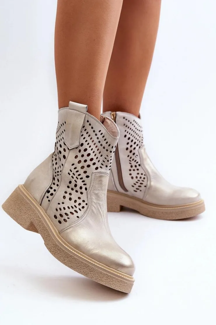 Damskie Zazoo 3470 Skórzane Botki Damskie Na Płaskim Obcasie Ażurowe Złote Przecierane