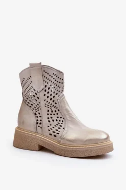 Damskie Zazoo 3470 Skórzane Botki Damskie Na Płaskim Obcasie Ażurowe Złote Przecierane