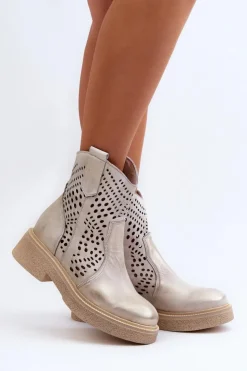 Damskie Zazoo 3470 Skórzane Botki Damskie Na Płaskim Obcasie Ażurowe Złote Przecierane
