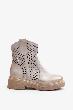 Damskie Zazoo 3470 Skórzane Botki Damskie Na Płaskim Obcasie Ażurowe Złote Przecierane