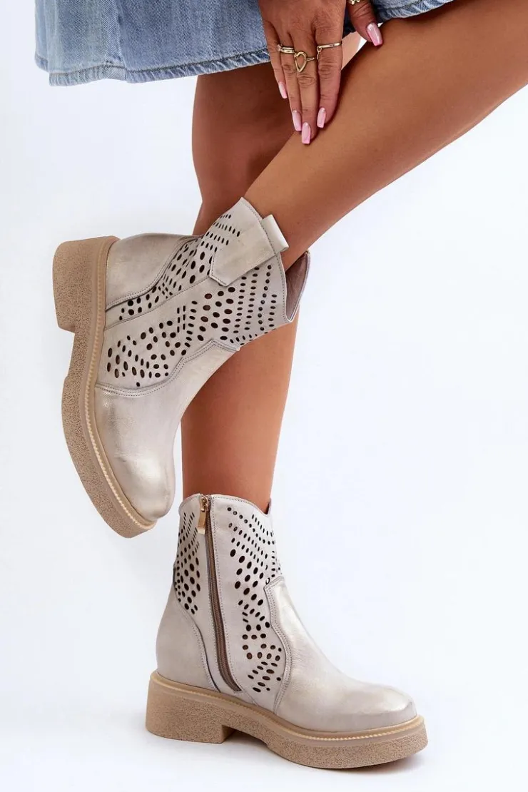 Damskie Zazoo 3470 Skórzane Botki Damskie Na Płaskim Obcasie Ażurowe Złote Przecierane