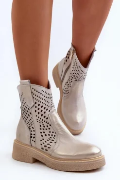 Damskie Zazoo 3470 Skórzane Botki Damskie Na Płaskim Obcasie Ażurowe Złote Przecierane