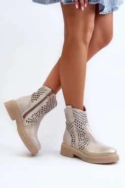 Damskie Zazoo 3470 Skórzane Botki Damskie Na Płaskim Obcasie Ażurowe Złote Przecierane