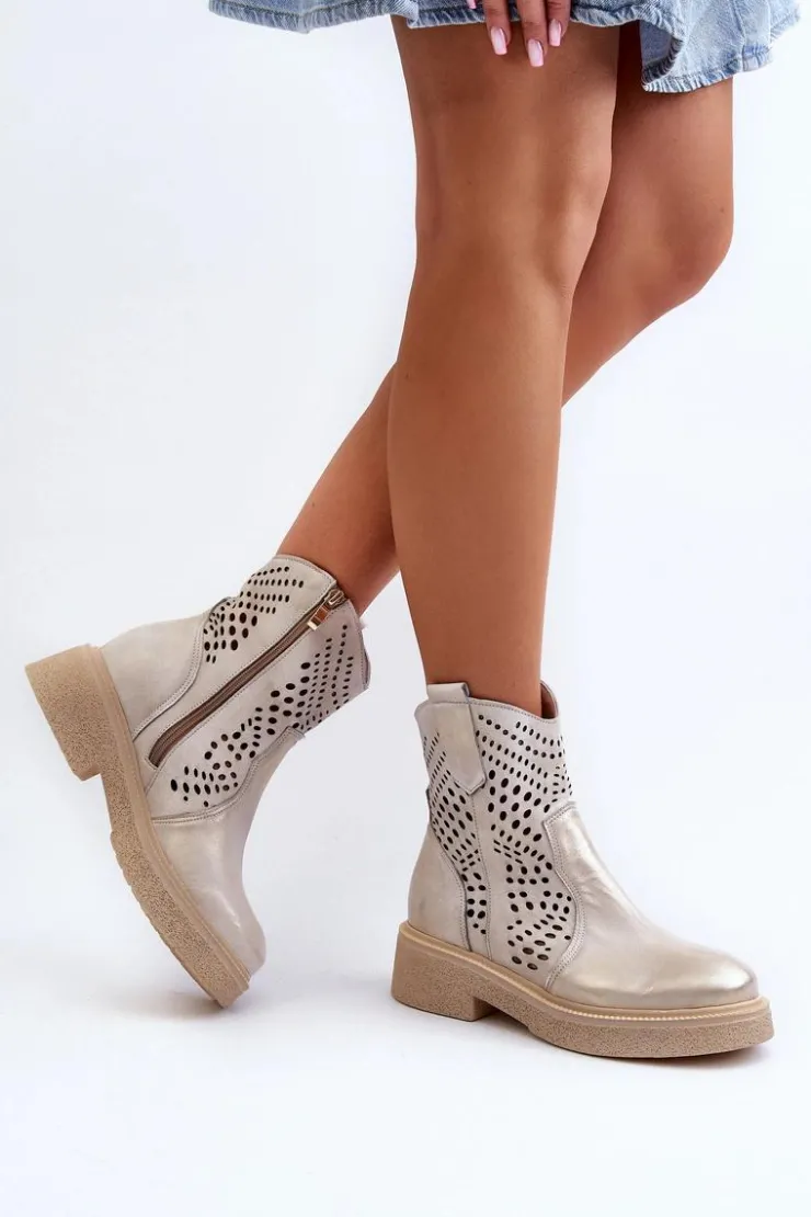 Damskie Zazoo 3470 Skórzane Botki Damskie Na Płaskim Obcasie Ażurowe Złote Przecierane