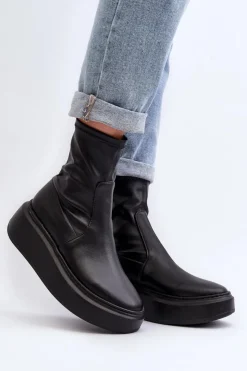 Damskie Zazoo 3395 Skórzane Botki Damskie Na Masywnej Platformie Czarne