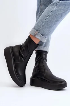 Damskie Zazoo 3395 Skórzane Botki Damskie Na Masywnej Platformie Czarne