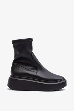 Damskie Zazoo 3395 Skórzane Botki Damskie Na Masywnej Platformie Czarne