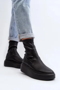 Damskie Zazoo 3395 Skórzane Botki Damskie Na Masywnej Platformie Czarne