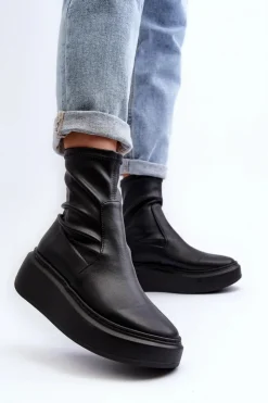 Damskie Zazoo 3395 Skórzane Botki Damskie Na Masywnej Platformie Czarne