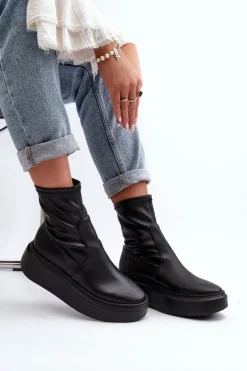 Damskie Zazoo 3395 Skórzane Botki Damskie Na Masywnej Platformie Czarne